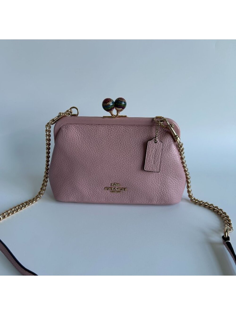 Coach Nora Kisslock Crossbody Bag Pink Pebbled Leather Chain Strap C1451